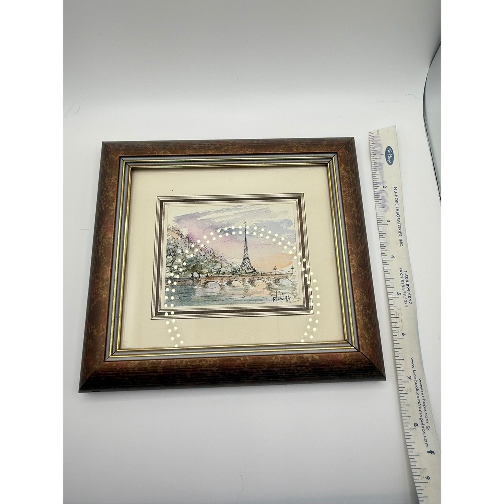 Vintage 1987 miniature Paris Eiffel Tower Original Watercolor Framed Painting - Picture 5 of 5